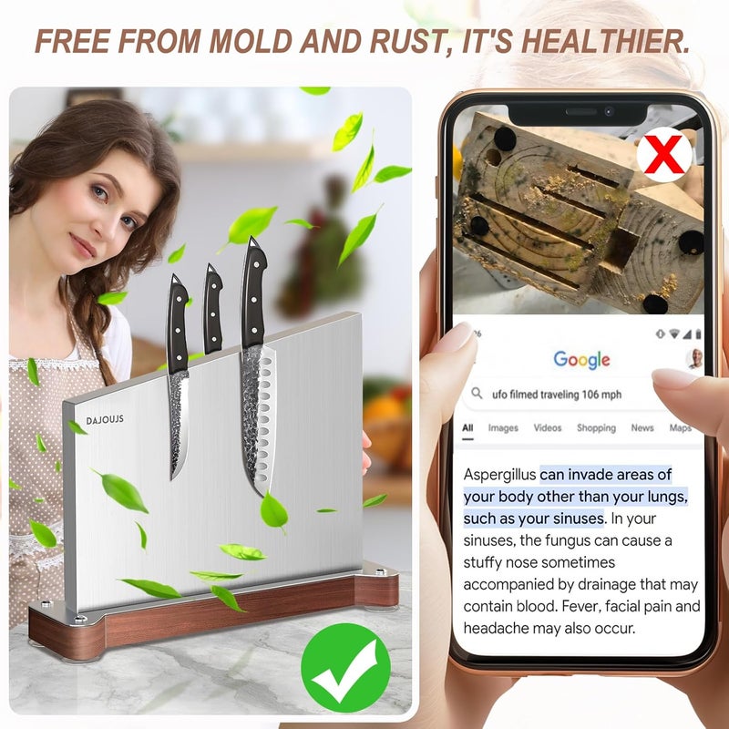 DAJOUJS Large Magnetic Knife Block Holder Without Knives for Kitchen Counter, Stainless Steel Material Magnetic Knife Storage Stand Rack with Strong Double Sided Magnet and Wood Base - 16.15 x 11 Inches - Image 4